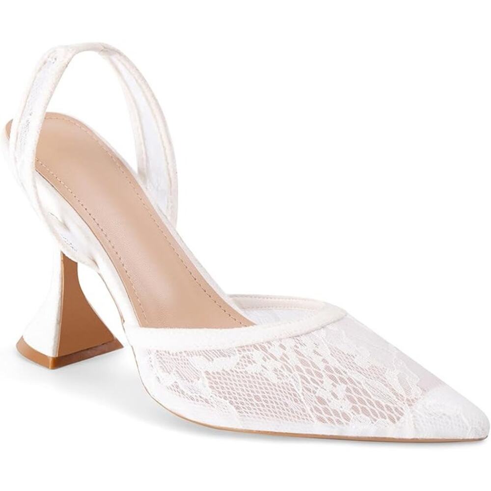 Lhamo Latso Womens Size 6.5 White Lace Mesh Pointy Toe 4" Heel Slingback Shoes